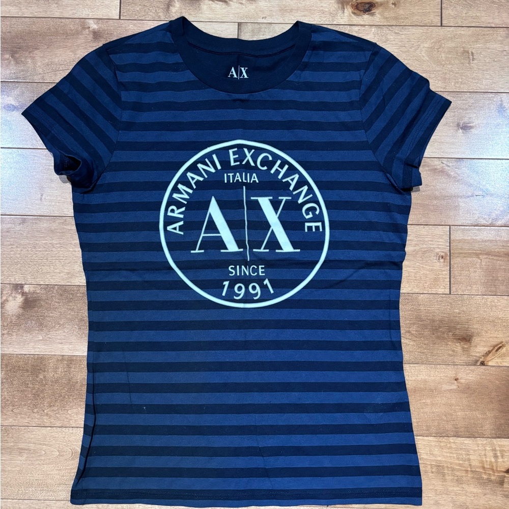 Armani Exchange Women's Navy Striped Logo Top